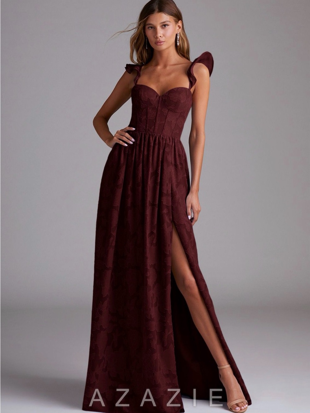 Azazie Cabernet Denisse Floral Burnout Maxi Dress with Sweetheart Neckline
